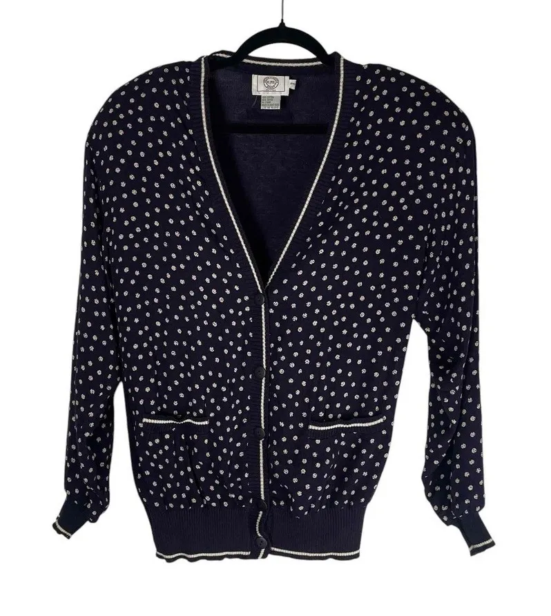 Evan Picone Women's Vintage 80s Navy White Polka Dot V Neck Button Up Cardigan S - Image 1