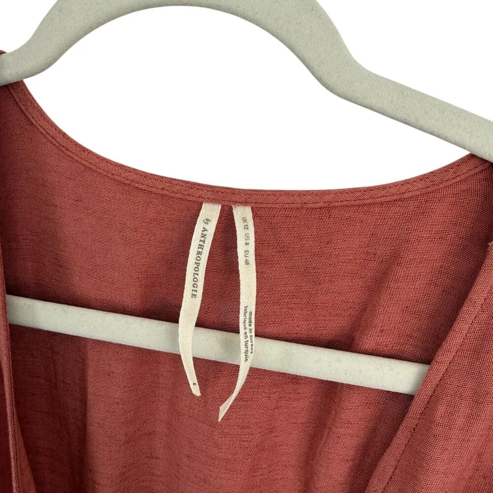 Anthropologie Puff Sleeve Wrap Mini Dress Linen Blend Rose Pink Womens Size 8 - Image 5