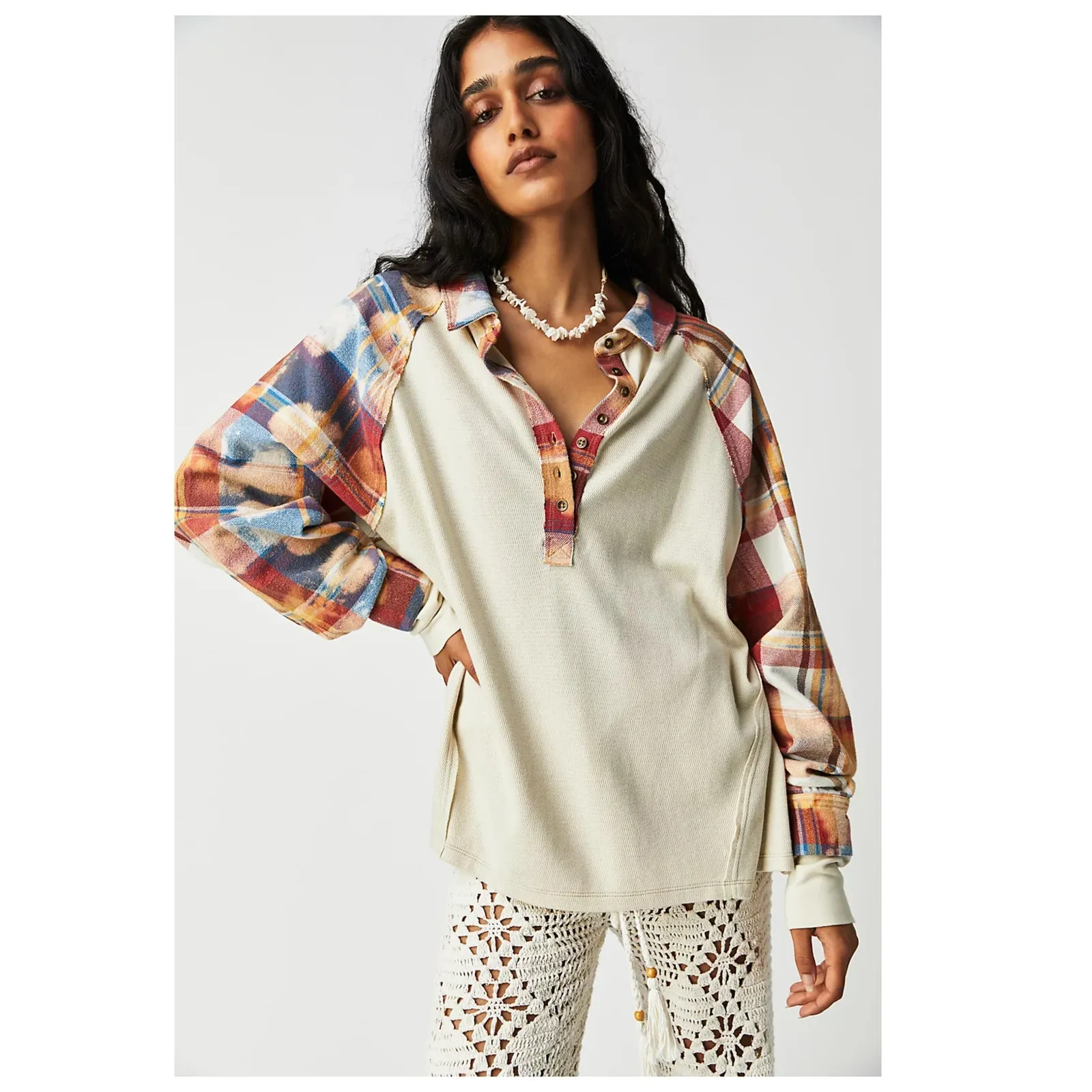 FREE PEOPLE Isabelle Plaid Trim Thermal Henley In Mink Combo Size Large - Image 12