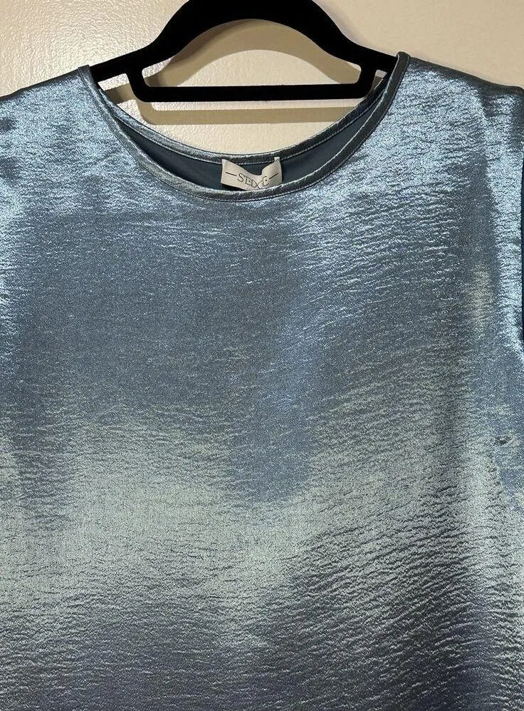 S'EDGE Easton Dress Metallic Blue Sateen Size Small NWT Tiered Short Sleeves - Image 4