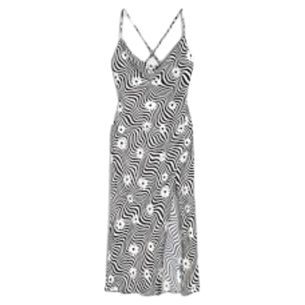 Bershka cross back floral satin slip dress in black white size XS NWT - Image 2