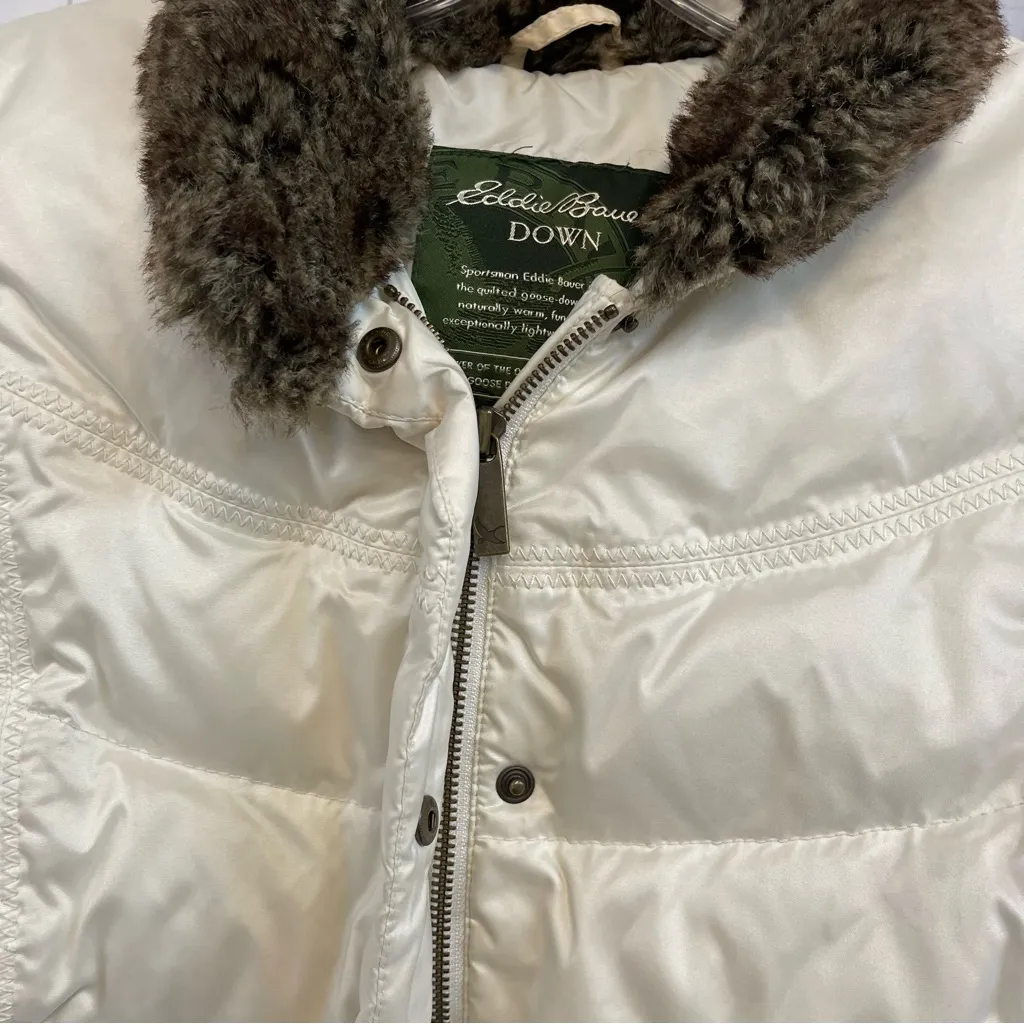 Eddie Bauer Women's Cream Ivory Puffer Vest Faux Fur Collar Large Tall Long - Image 2