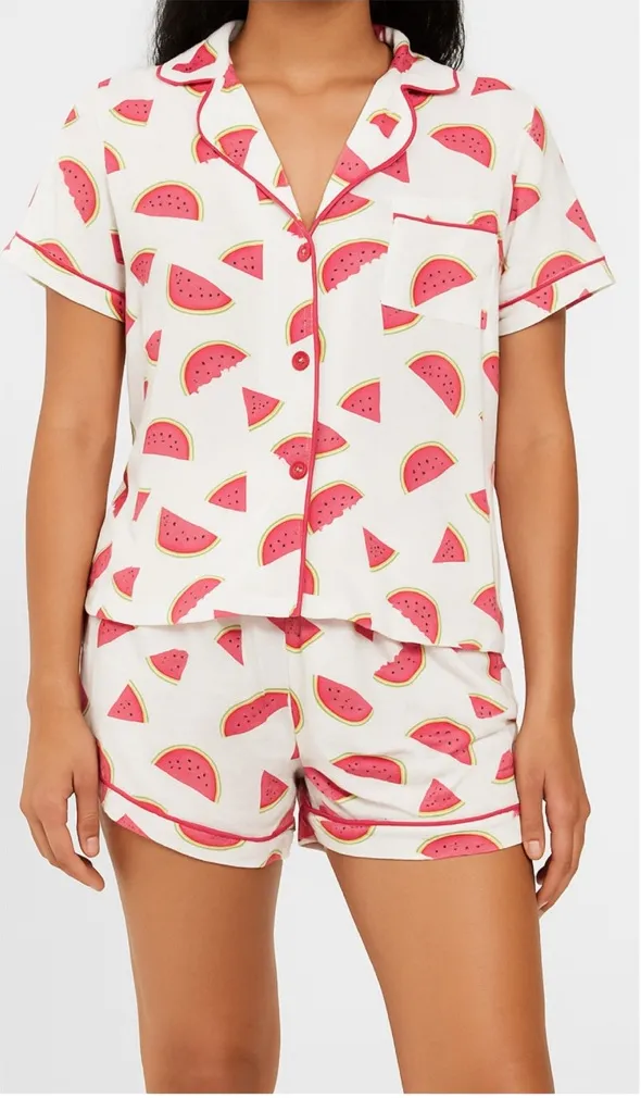 Esti Couture White Watermelon Print Two Piece Button Down Top and Shorts Pajama Size L - Image 1