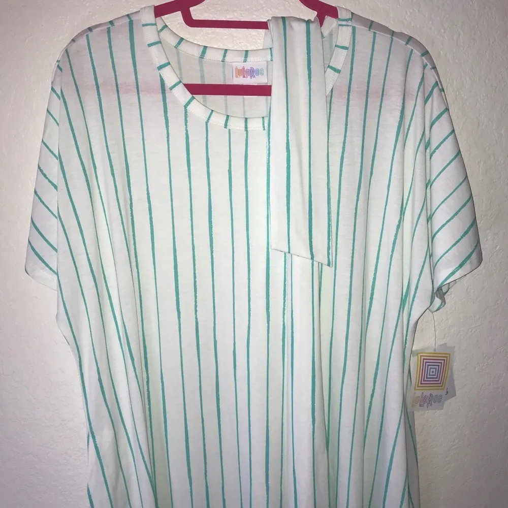 LuLaRoe Dress Teal Stripes on White Marly Dress Sz 2X NWT Short Sleeve w/ Sash - Image 6