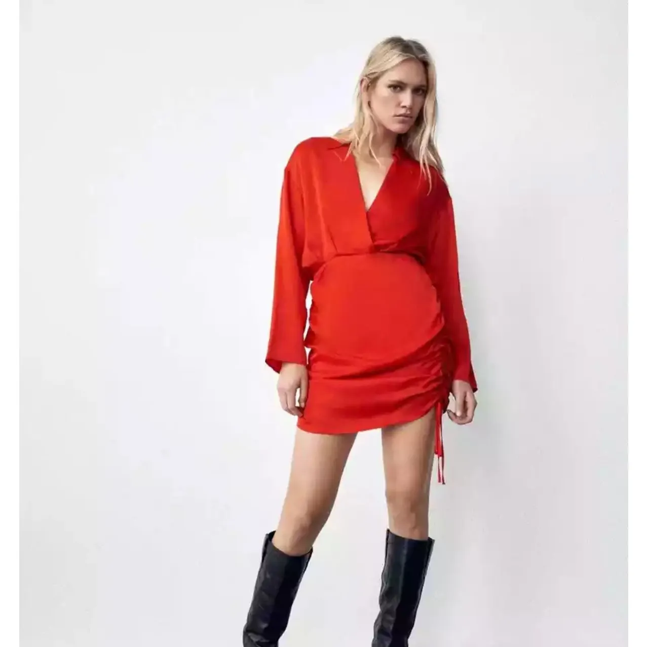 Zara Lipstick Red Satin Finish Mini‎ Dress Adjustable Side Cinching Size XS - Image 11