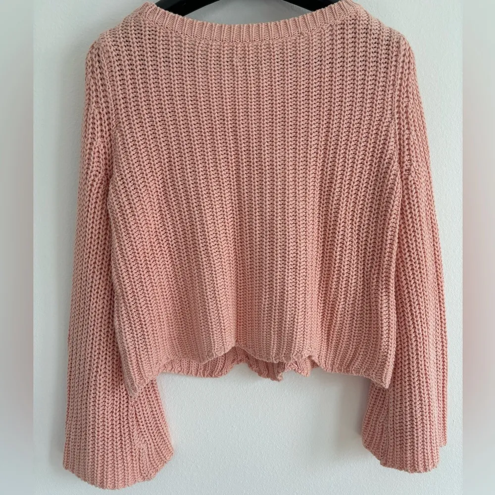 Aerie Sweater Womens MediumLight Pink Scalloped Hem Cropped‎ Bell Sleeve Preppy - Image 2