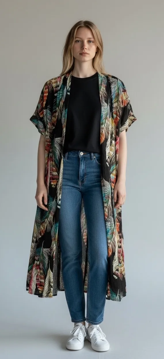 Umgee USA Feather Print Duster Kimono Cardigan Black Multi Color Size Medium - Image 1