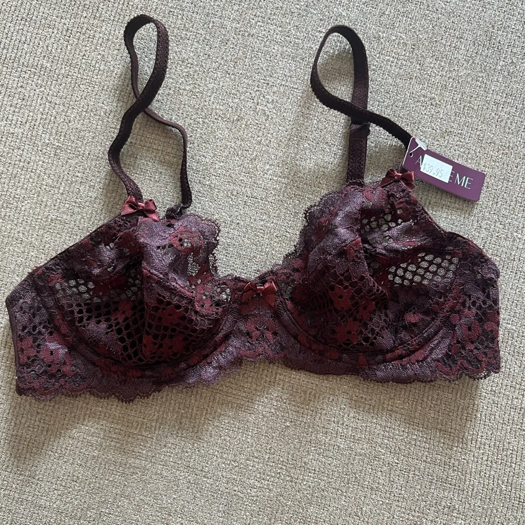 Adore Me Burgundy Lace Bra 32B Sheer Floral Mesh Underwire Lingerie NWT - Image 3