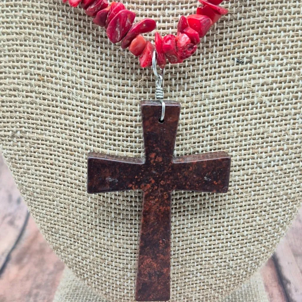 Artisan Red Chip Stone Pendant Necklace Large Jasper Stone Cross Whimsey Goth We - Image 7