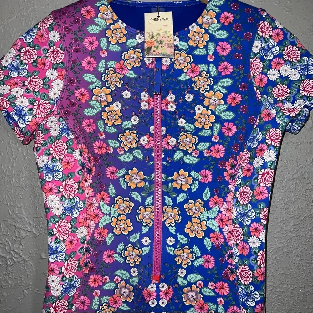 NWT Johnny Was Color Blast Neoprene One Piece Swimsuit Purple Blue Size Small - Image 3