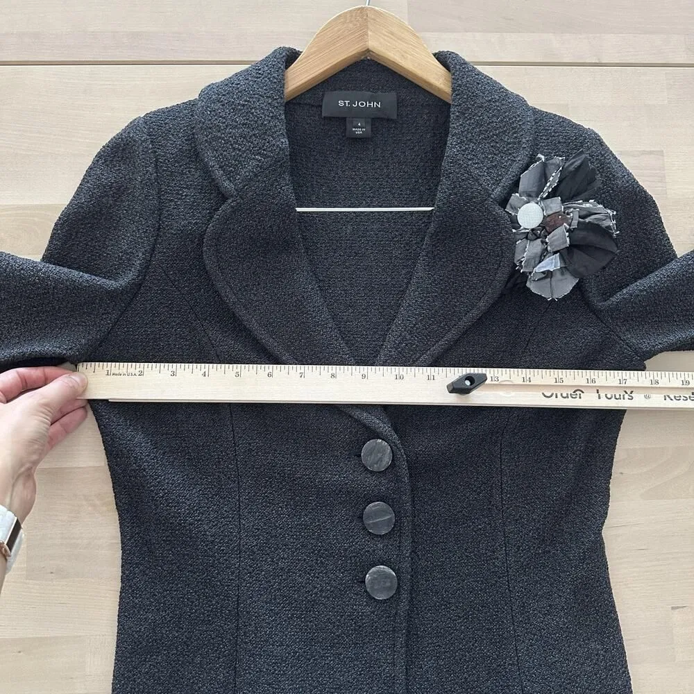 St John Blazer Womens 4 Gray Textured Knit Jacket Flower Brooch Career USA - Image 8