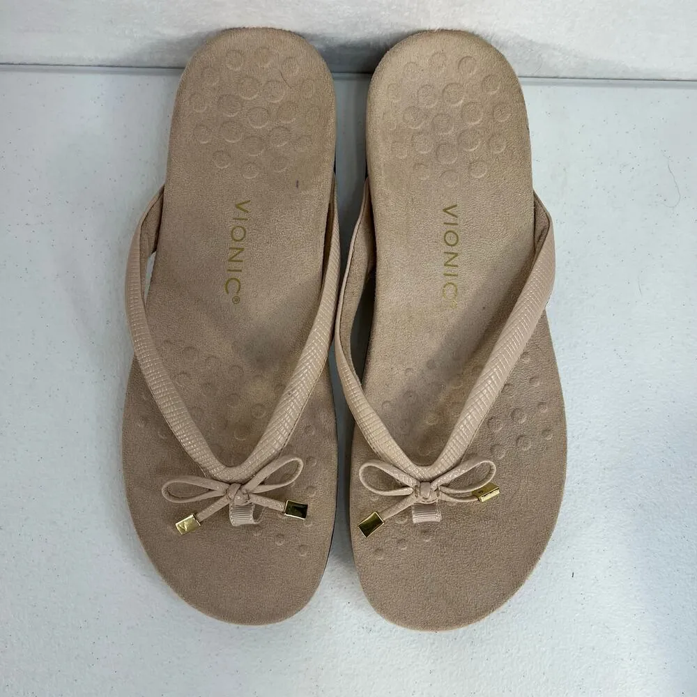 Vionic Size 11 Sandals Bella Toe Post Sandals Beige Tan Lizard Bow Flip Flops - Image 6