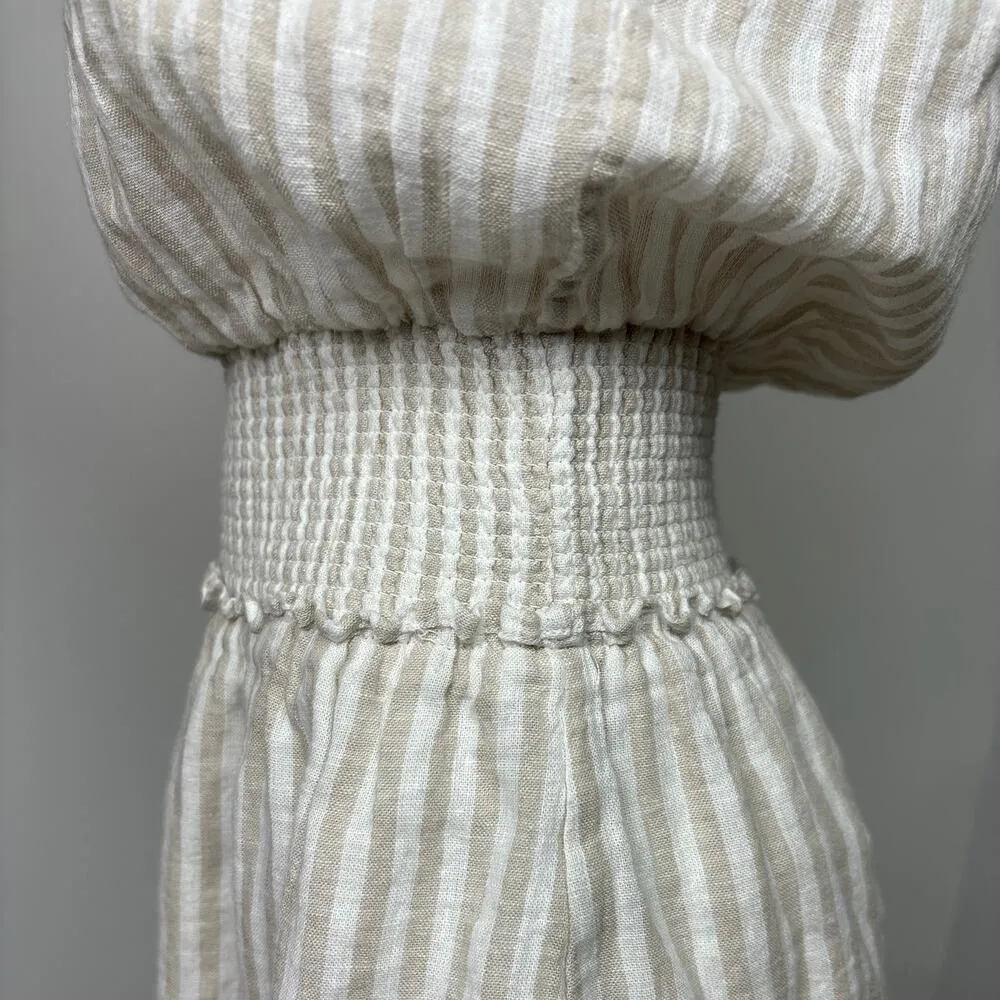 Rails White Beige Angelina Dune Stripe Linen Smocked Button Tiered Dress Size XS - Image 7