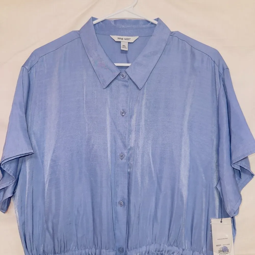 Nine West NWT Blue Short Sleeve Silky Button Down Shirt Dress women's size XXL - Image 4