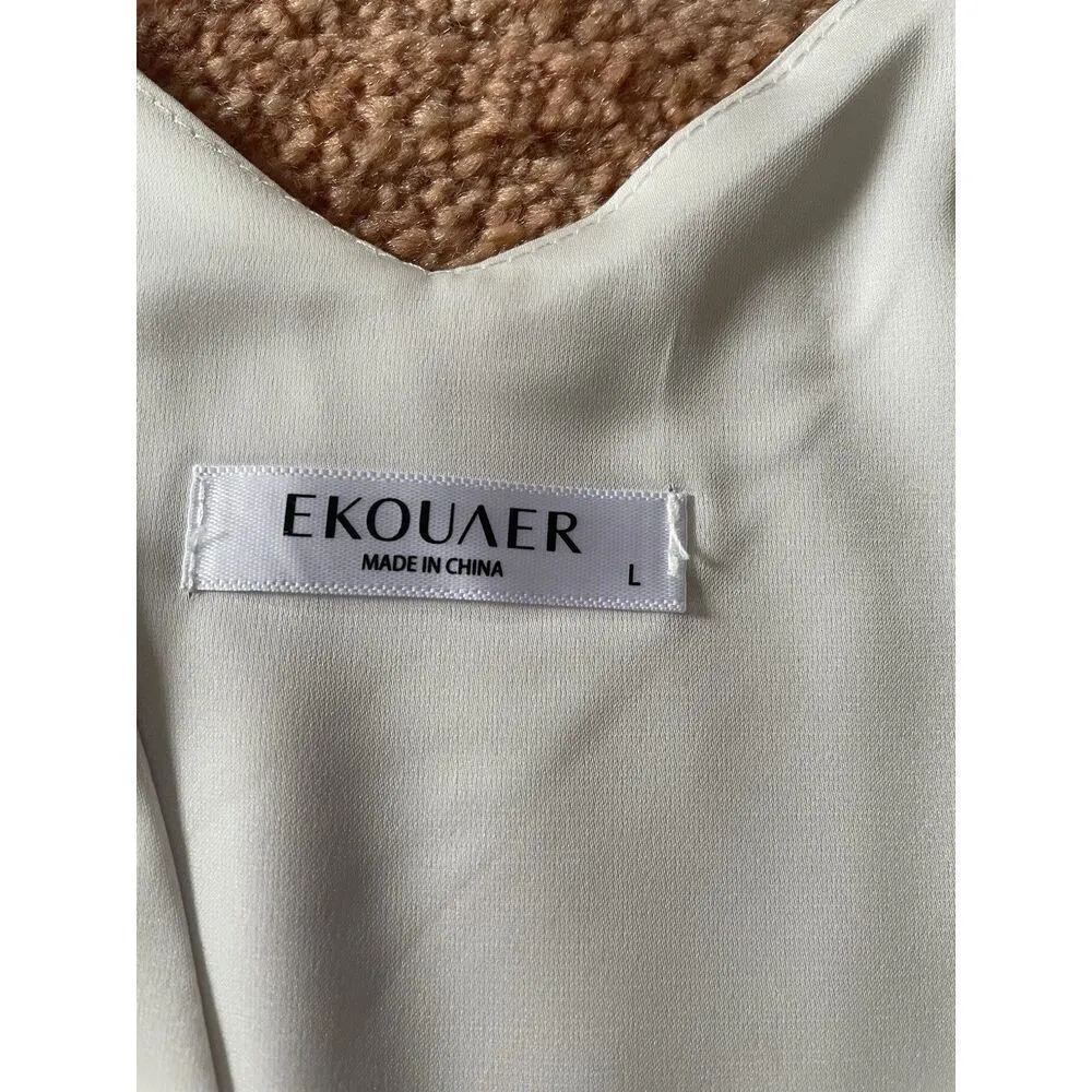 Ekouaer Ivory Satin Tank Top M Sleeveless V Neck Lined Camisole Blouse Elegant - Image 2