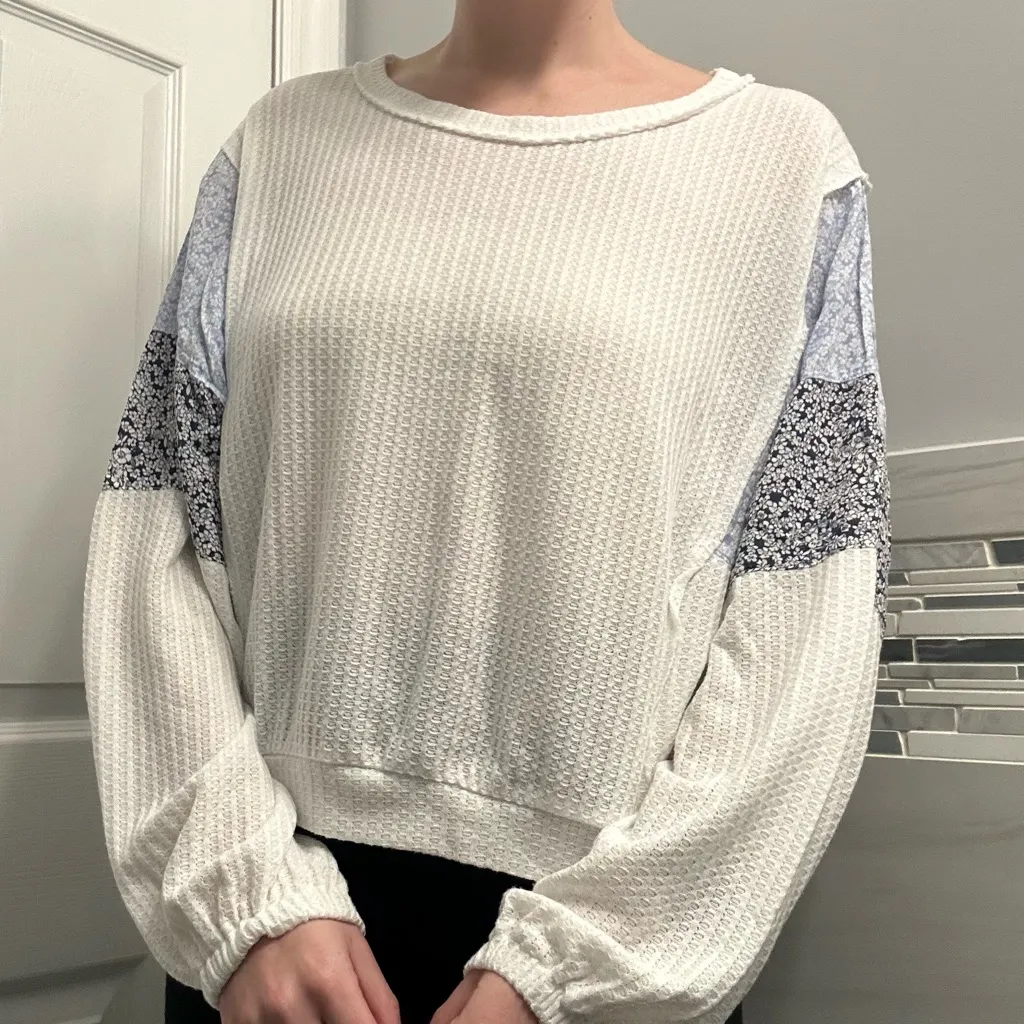 White and Blue Patchwork Blouse Size M - Image 3