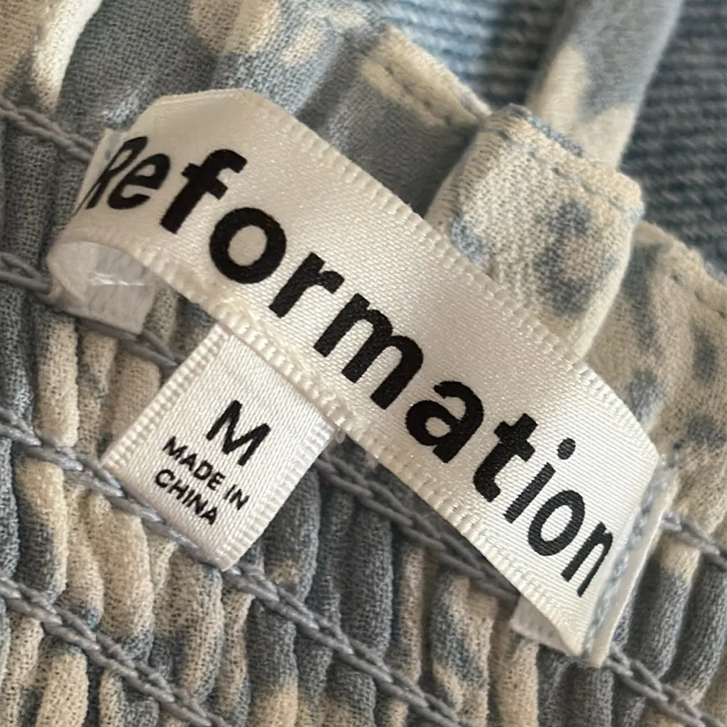 REFORMATION Zaria Dress Sofie Smocked Floral Blue Tie Back Puff Sleeve Size M - Image 9