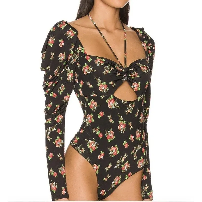 AFRM Coppelia Halter Neck Thong Bodysuit Noir Rose Garden Small Black - Image 4