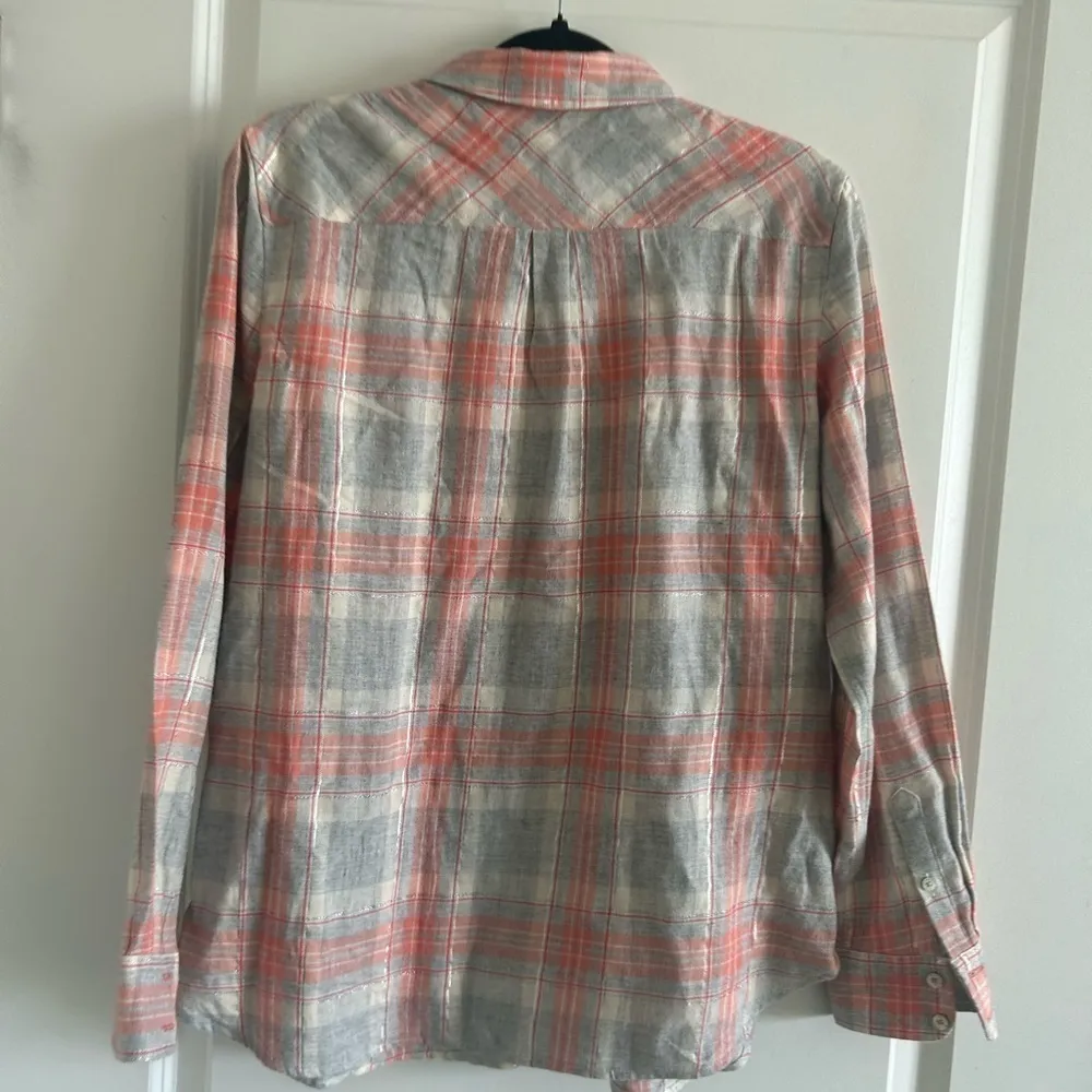 Talbots Metallic Button Front Shirt Dazzling Plaid, Coral And Grey , Siz… - Image 6