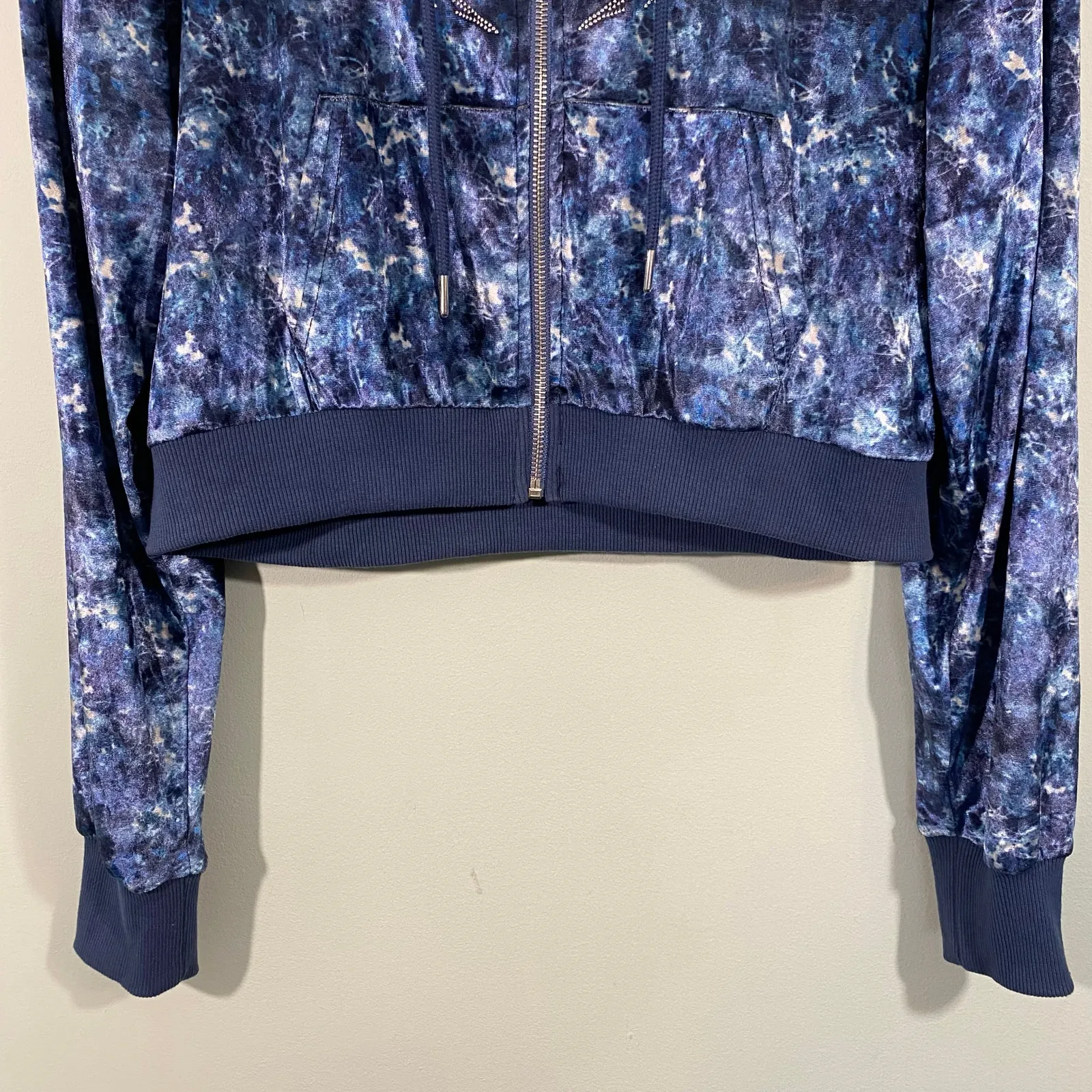 Dolls Kill X Horoscopez Blue Velour "Love for Libra" Full Zip Crop Hoodie Size L - Image 3