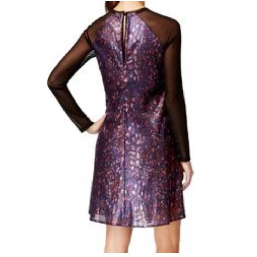 NEW RACHEL Rachel Roy Multicolor Sequin Sheer Long Sleeve Dress Size Medium Purple - Image 2