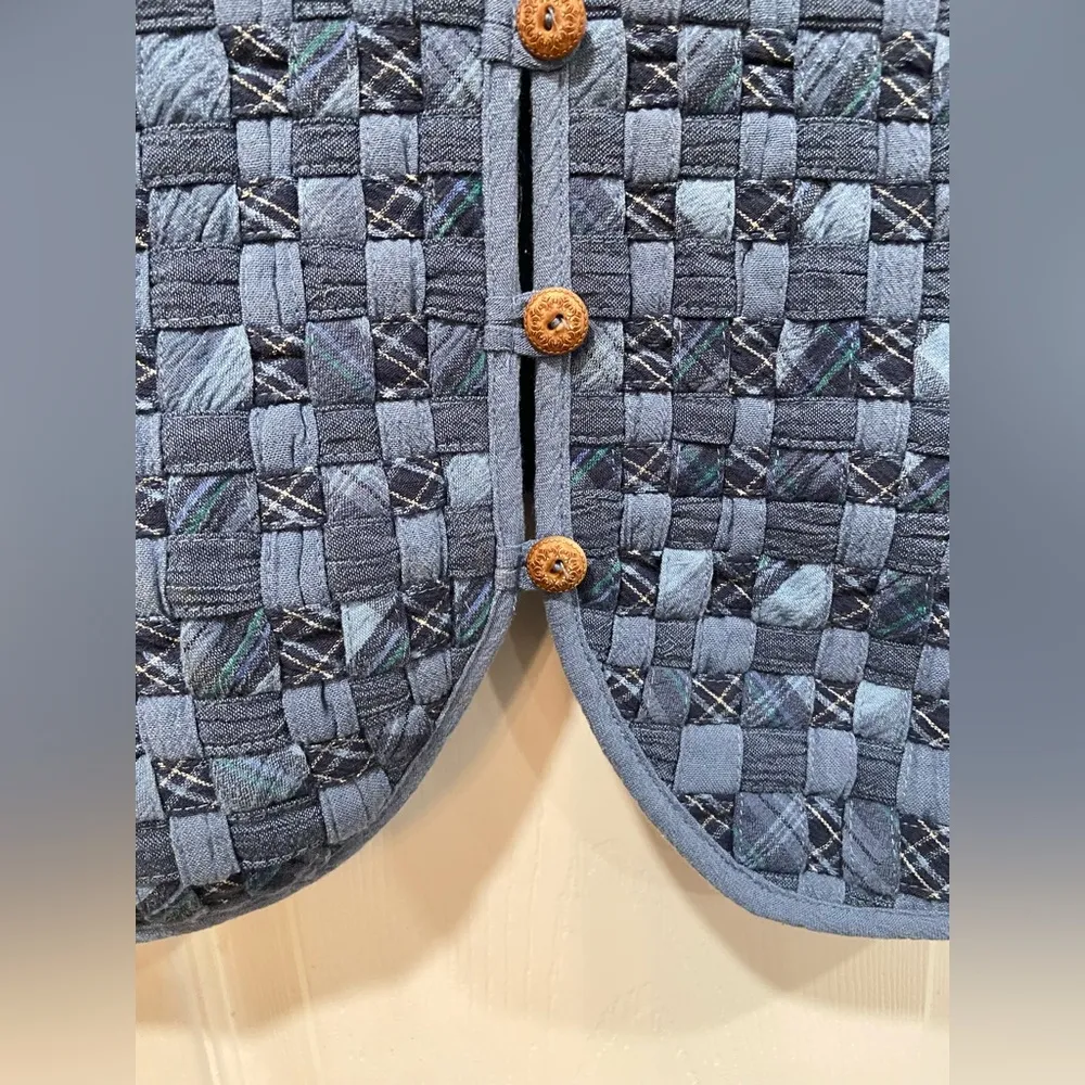 VTG Koret City Blues Size L Patchwork Basket Weave Vest Button Front Tie Back Blue Size L - Image 5