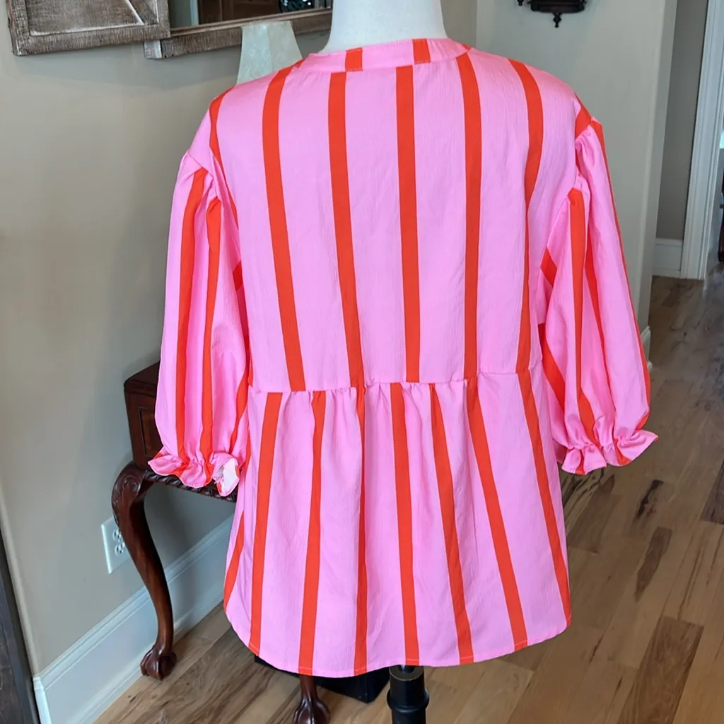 Colorful Fun Pink Orange Stripe Blouse New Poplin - Image 3