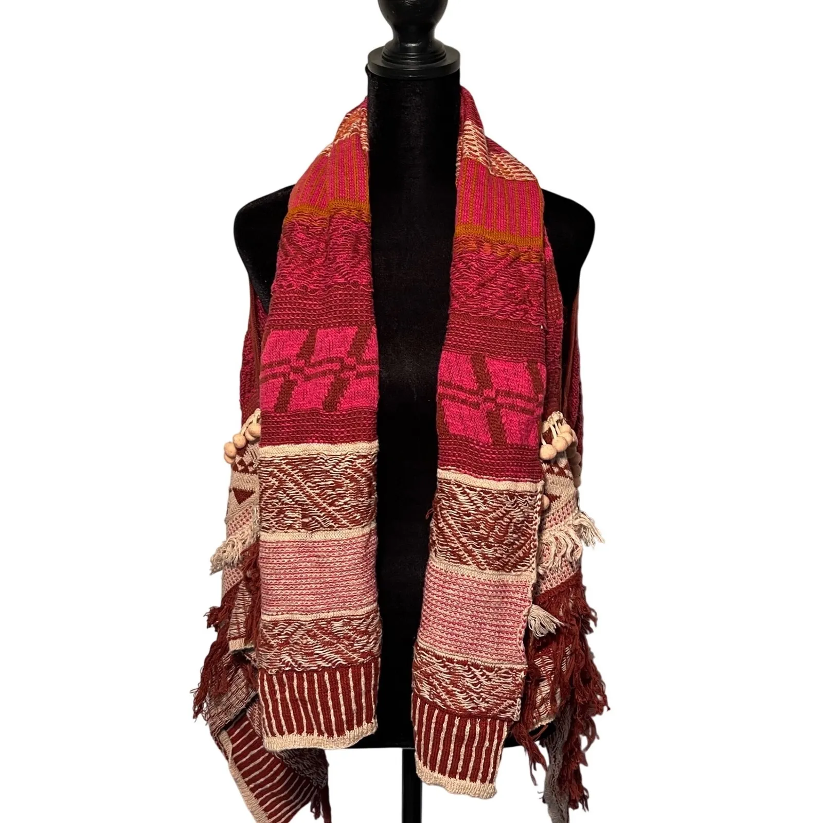 MOTH Anthropologie Durango Patchwork Knit Vest Cardigan Boho Fringe Pom Pom XS S Pink Size undefined - Image 3