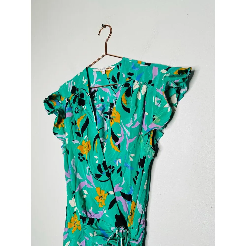 VERONICA BEARD Green Floral Printed Silk Ruched Ruffled Maria Dress Size 4 - Image 10
