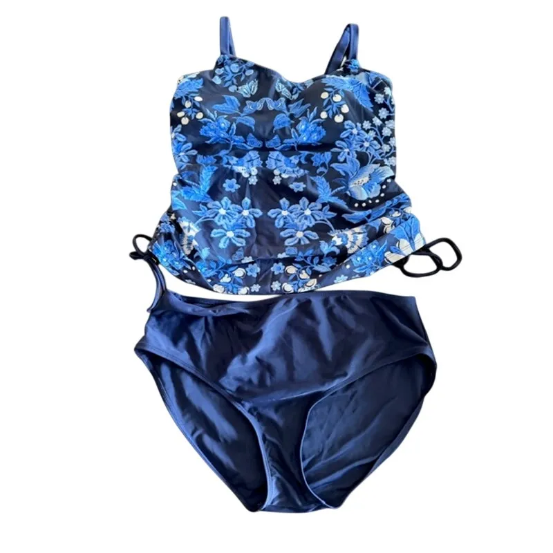 Gloria Vanderbilt Tankini Swimsuit Set Blue Floral Top & Bottom Size 10 - Image 2