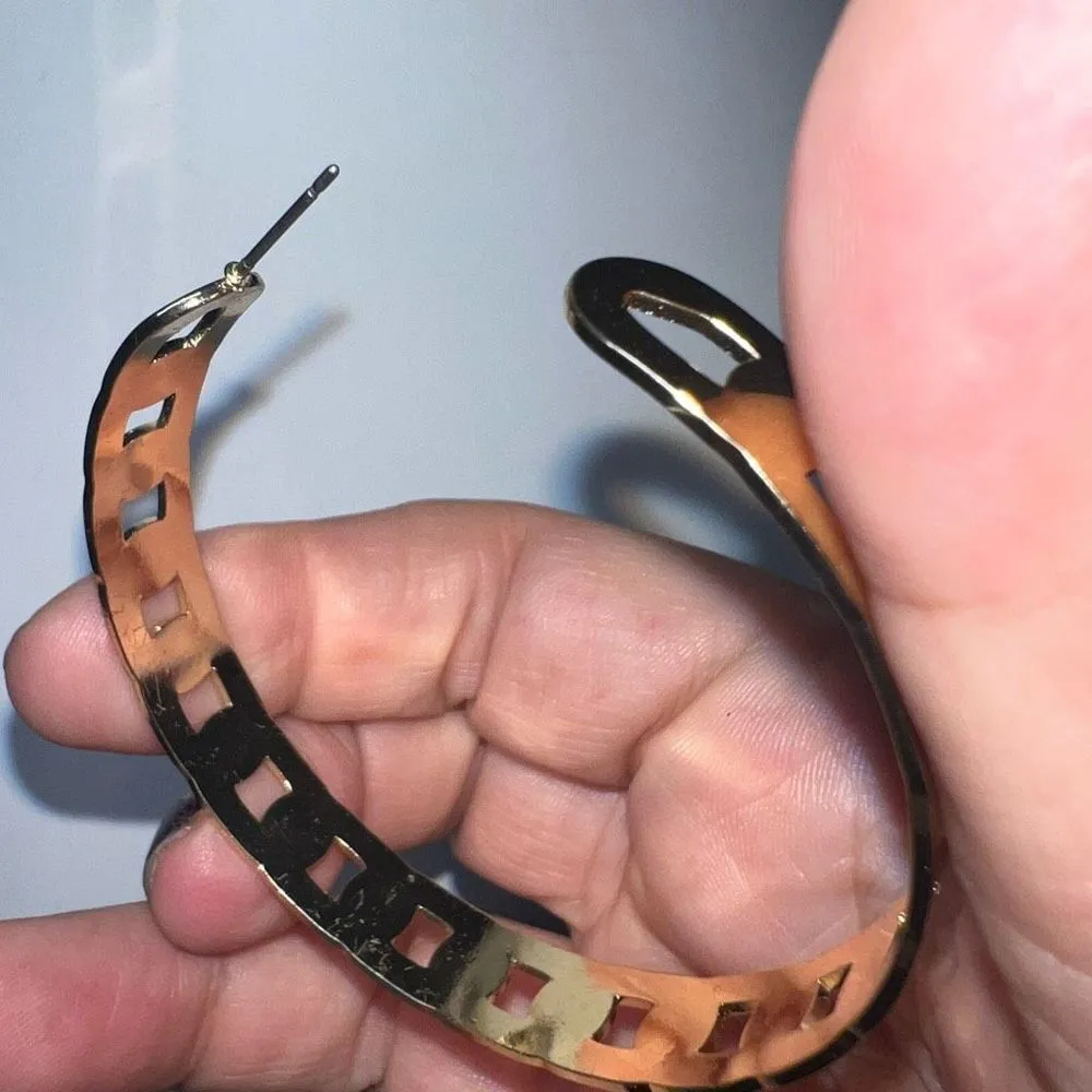 Gold Tone Large “Filmstrip” Cut Hoop Earrings - Image 5