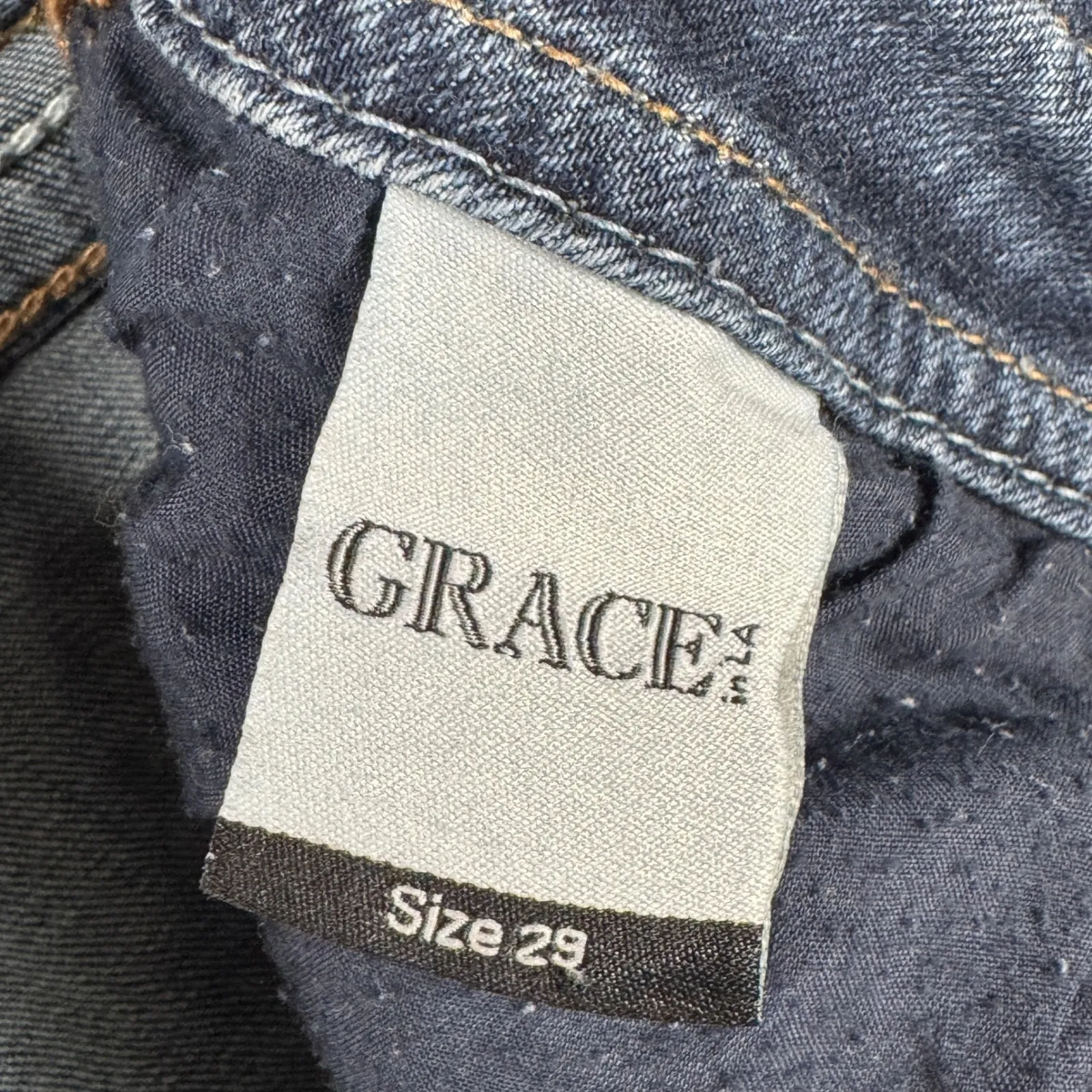Grace in LA Denim Shorts Embellished Frayed Hem Blue Size 29 Heavy Stitch‎ Y2K - Image 3