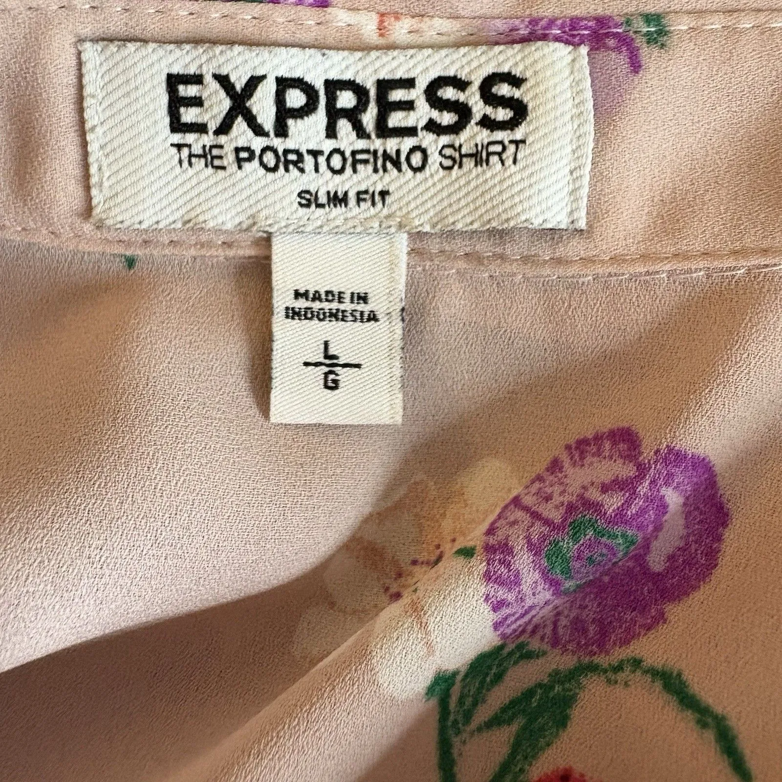Express The Portofino Slim Button Down Shirt Blouse Pink Floral Long Sleeve Sz L - Image 5