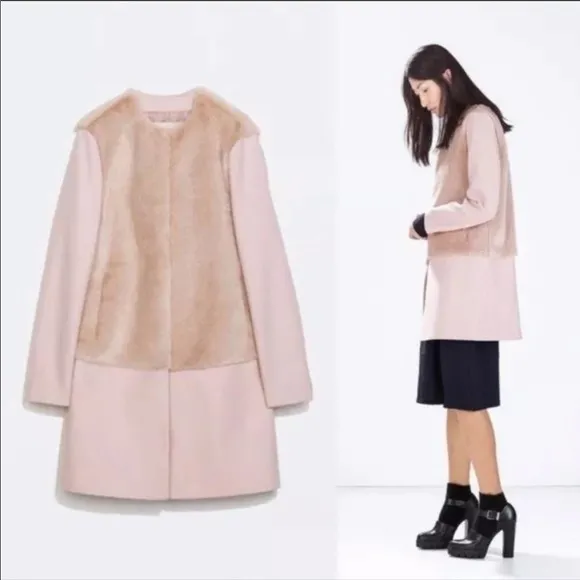 Zara pink wool peacoat faux fur S blogger fave Small - Image 2