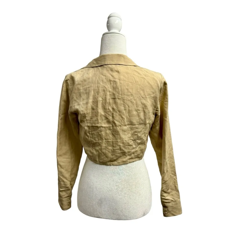 Intermix Quincy Linen Blend Long Sleeve Cropped Wrap Top Beige Tan P - Image 4
