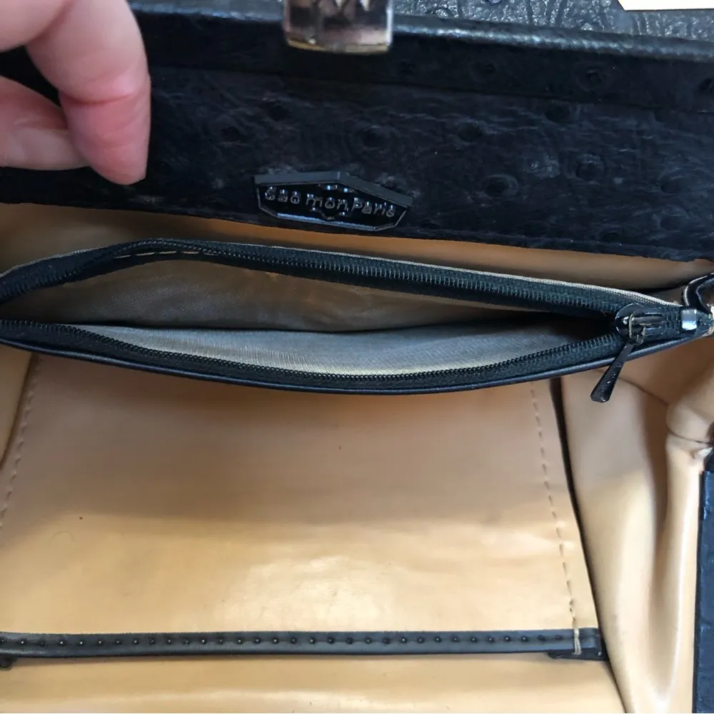 Vintage 60s Ostrich Leather Top Handle Bag Parisian Medicine Bag Purse Black - Image 12