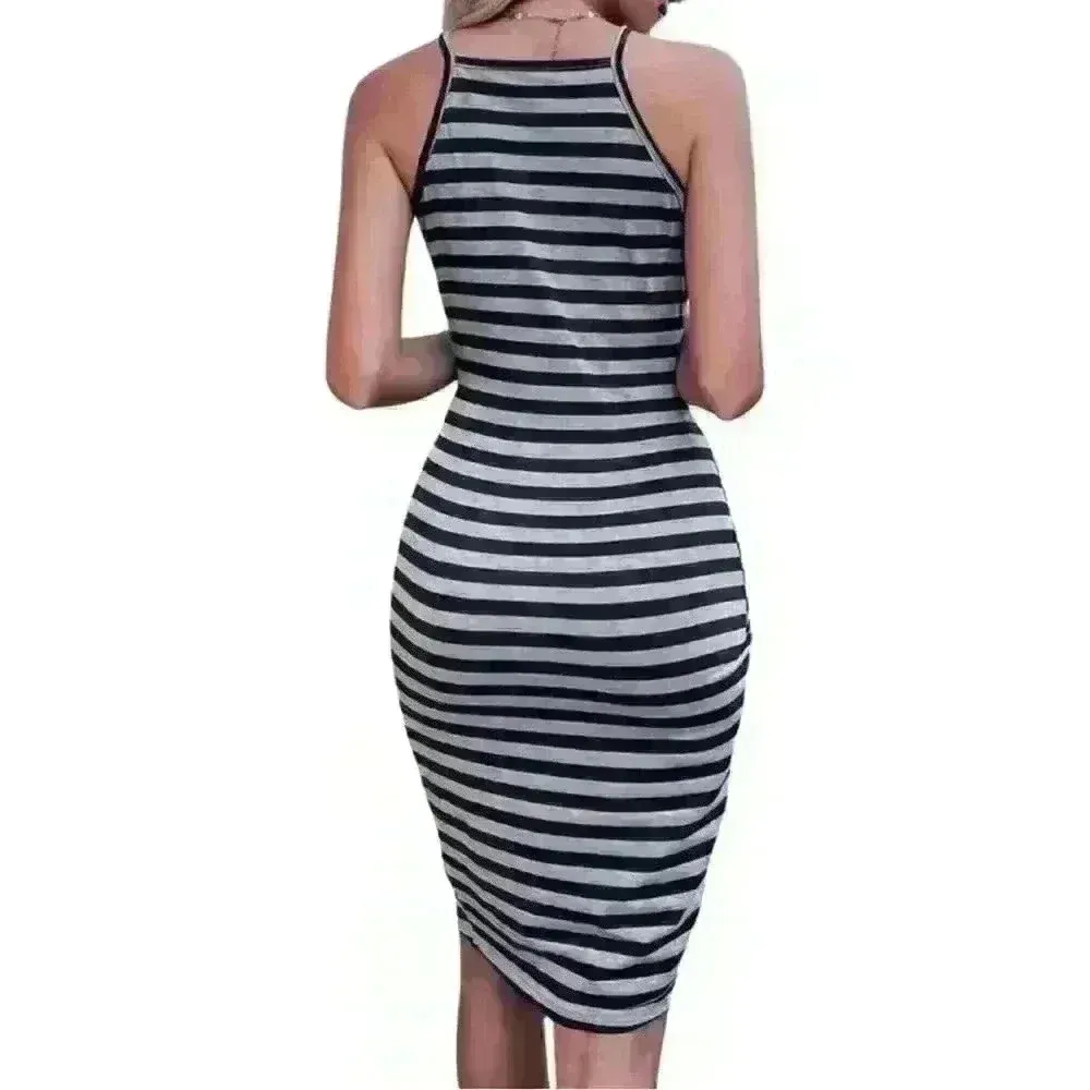 Women's Striped Wrap Tie Side Mini Dress Sleeveless Casual Cami Dresses Gray Size undefined - Image 2