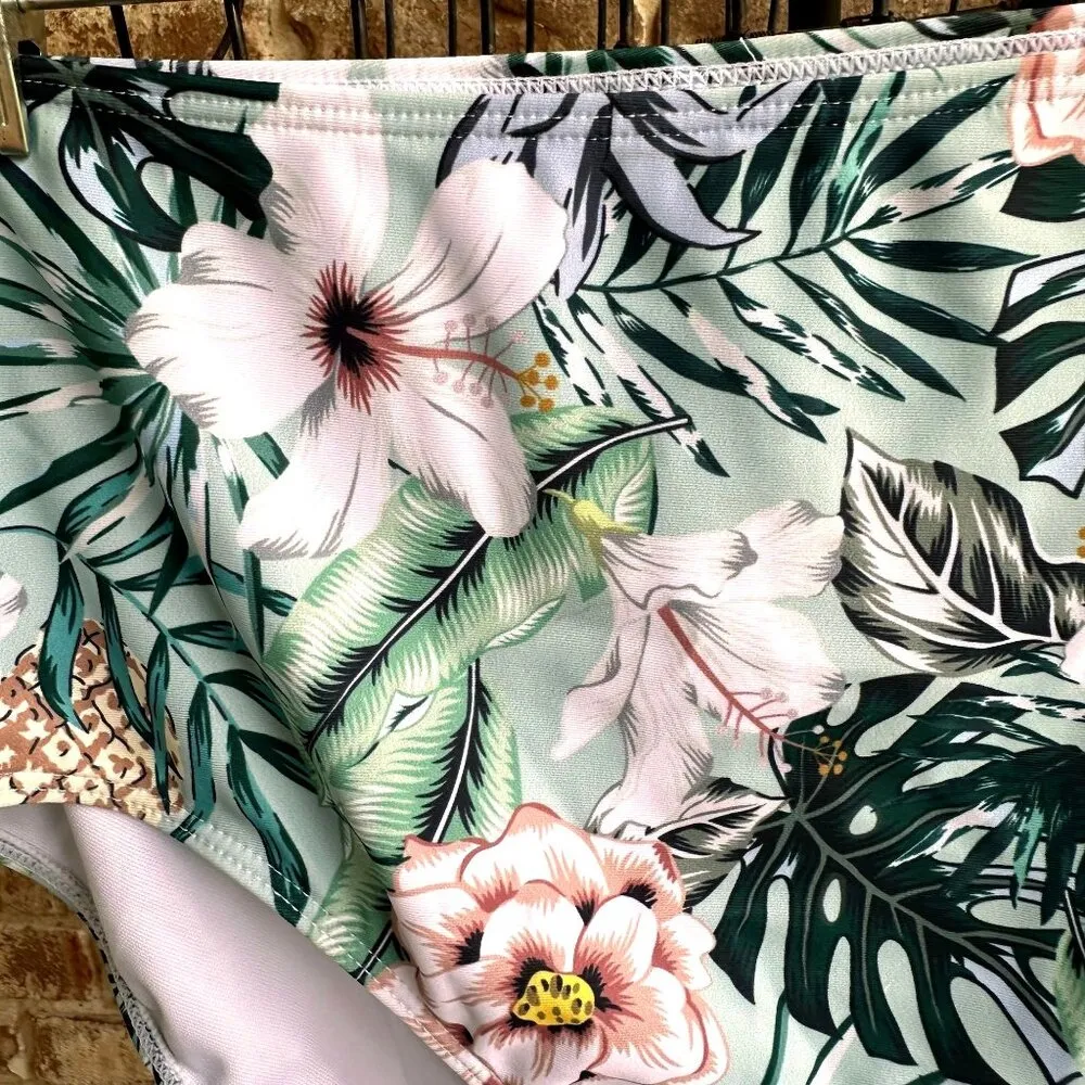 Bikini Bottoms 3XL New Full Coverage Wide High Leg Stretch Waist Floral … Green Size undefined - Image 2
