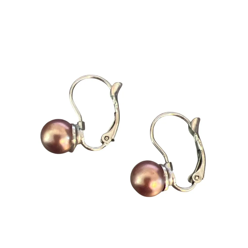 Vtg Silver Tone Leverback Faux Copper Pearl Drop Earrings Leverback .75" Estate - Image 3