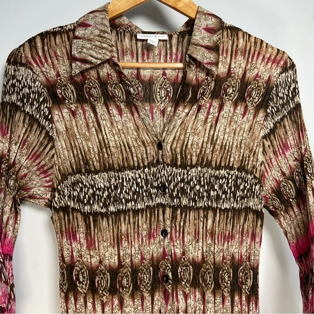 Y2K Fashion Bug Crinkle Button Down Top Brown Pink Fairy Witch Western Cowgirl L - Image 2