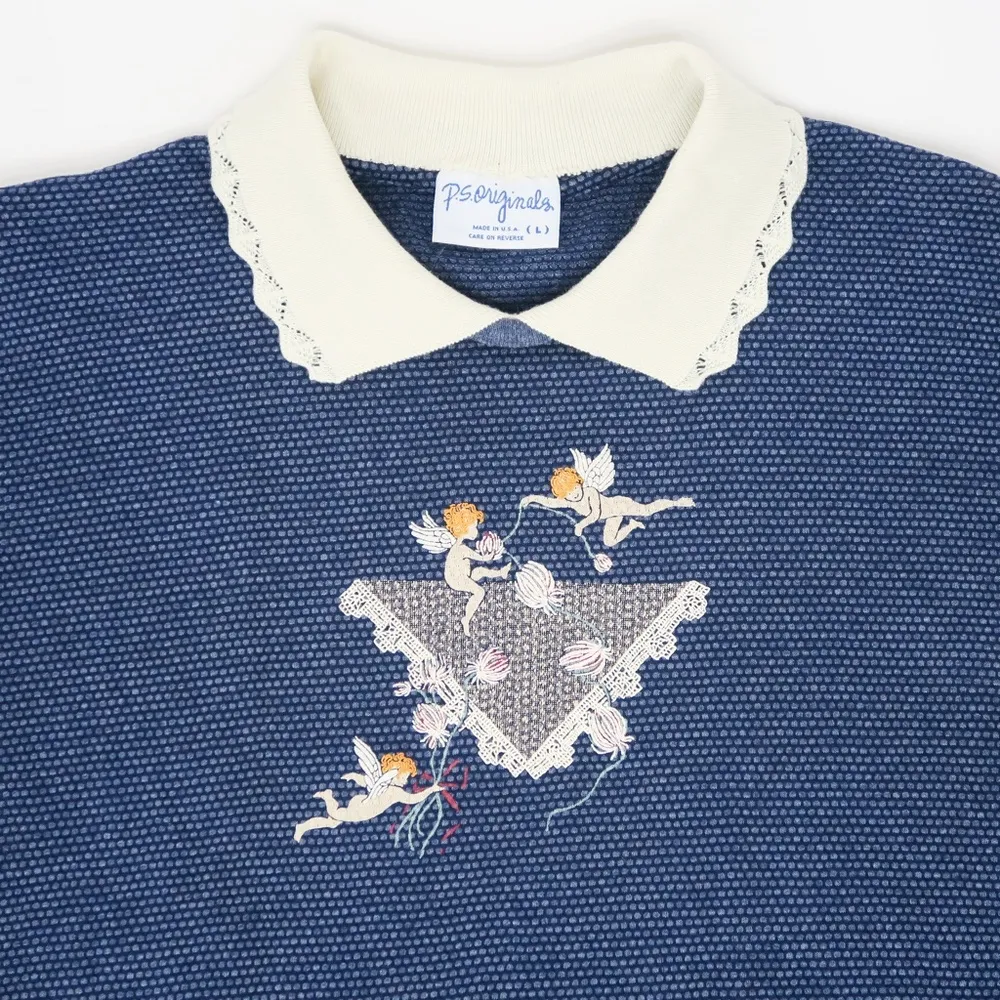 Vintage 90s P.S. Originals Granny Cottagecore Cherub Collared Shirt Blue Size L - Image 4