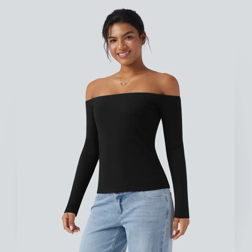 Halara Ribbed Knit Off-Shoulder Long Sleeve 2-in-1 Casual Top NWOT - small - Image 6