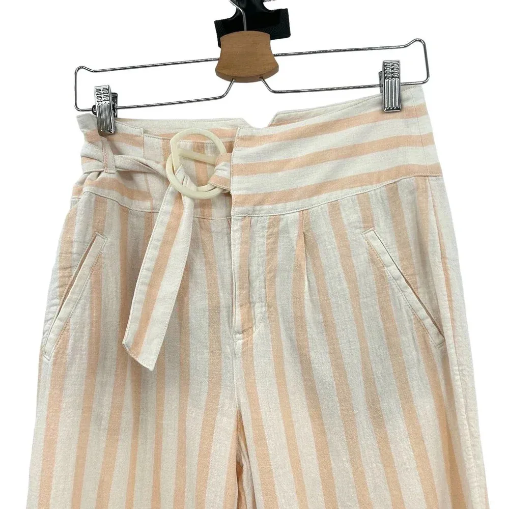 Anthropologie Oasis Pants Belted‎ High-Rise Striped Crop Linen Pink White Size 2 - Image 4