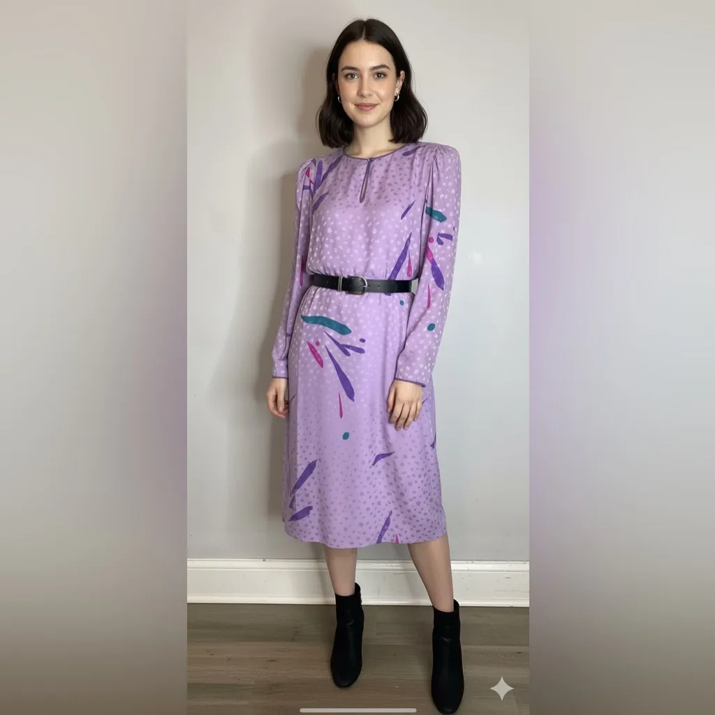 Vintage 80s Flora Kung Sheath Dress Purple‎ Silk Retro Glam Puff Shoulder Purple Size 8 - Image 2