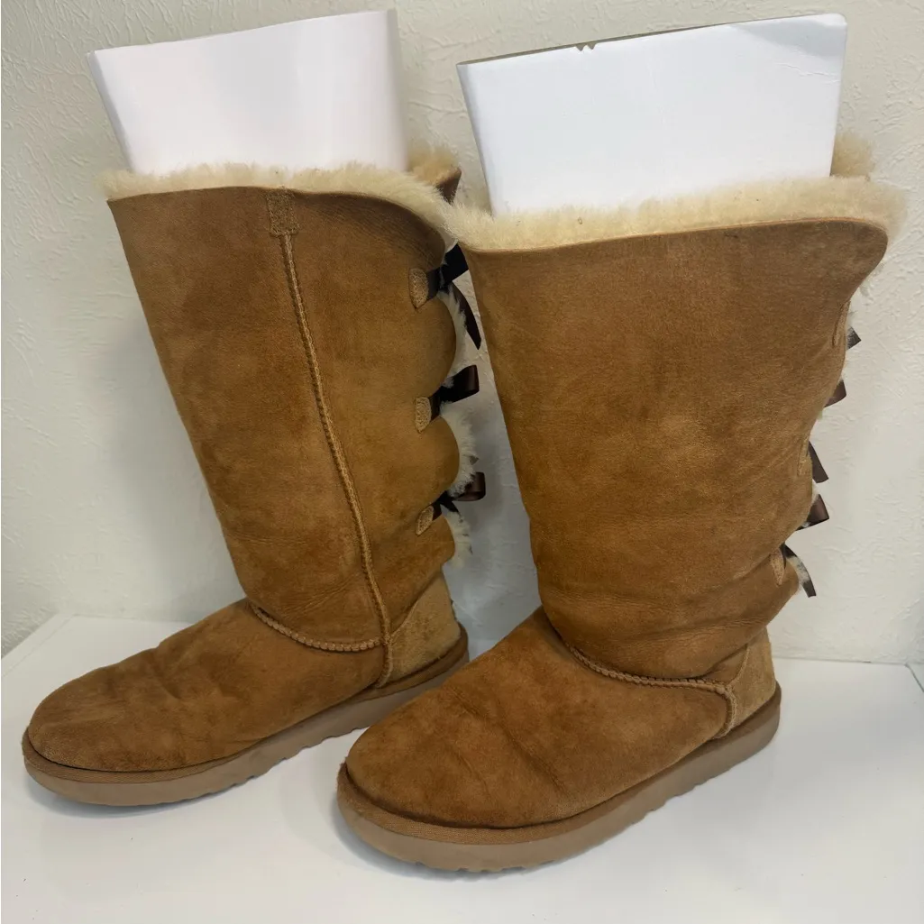UGG Bailey Bow Tall II Shearling Boots Women’s Size 10 Chestnut Suede - Image 4