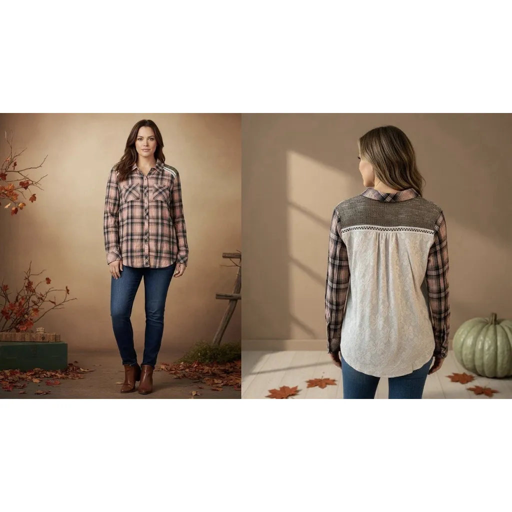 Miss Me (M) Womens Plaid Button Up Shirt Pink Lace Back Cotton - Image 2