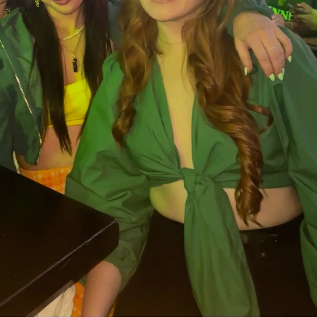 Green Tie-Front Long Sleeve Going Out Crop Top - Image 3