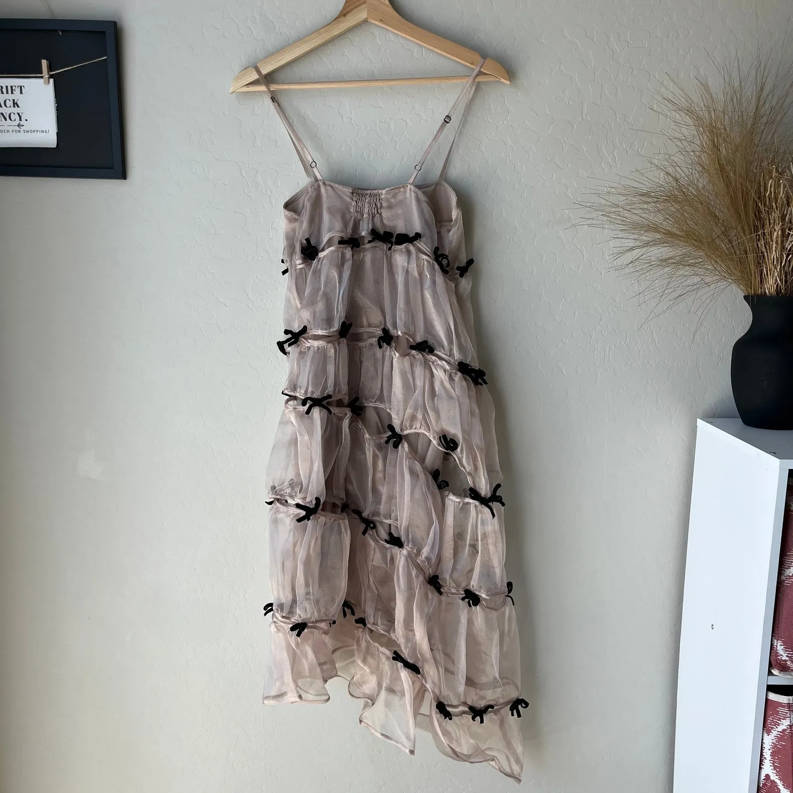 Marchen Dress Bow Embellished‎ Asymmetric Organza Midi Dress Beige Black S - Image 10