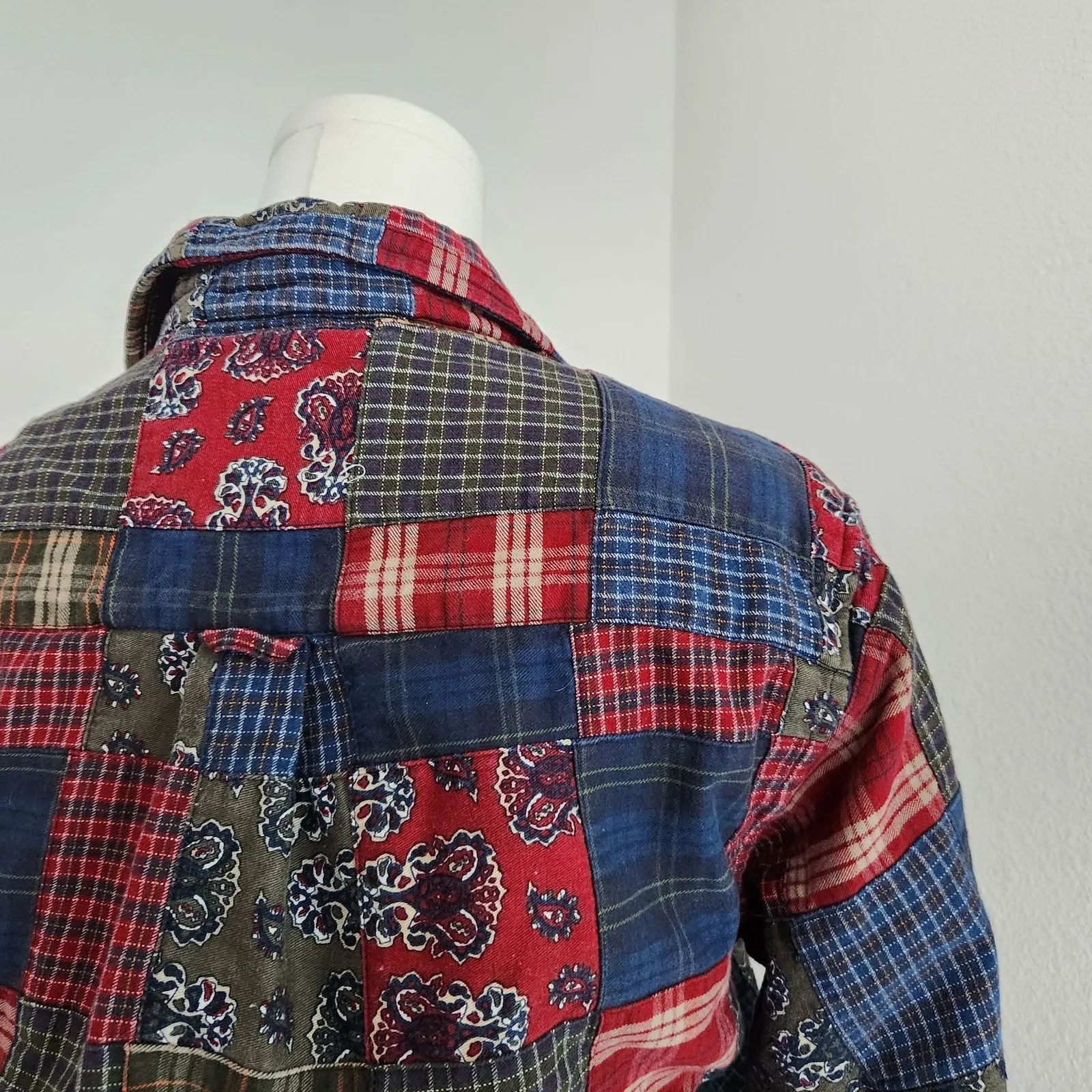Vintage 90s Class Club Patchwork Plaid Bandana Print Cotton Button Down Shirt M Blue Size M - Image 7