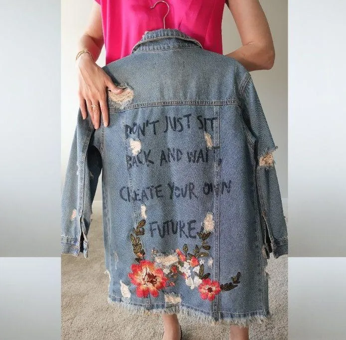 Embroidered Denim Jacket with Back Slogan Size 4 / 36 / S Blue - Image 4